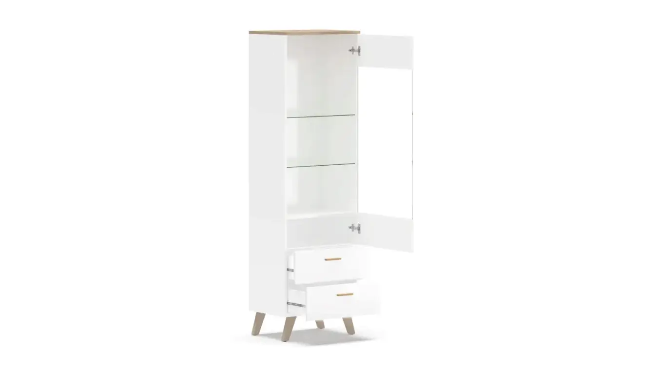 Шкаф однодверный с ящиками и стеклом Helmi, цвет Гикори кингстон+Белый блеск фото - 5 - большое изображение